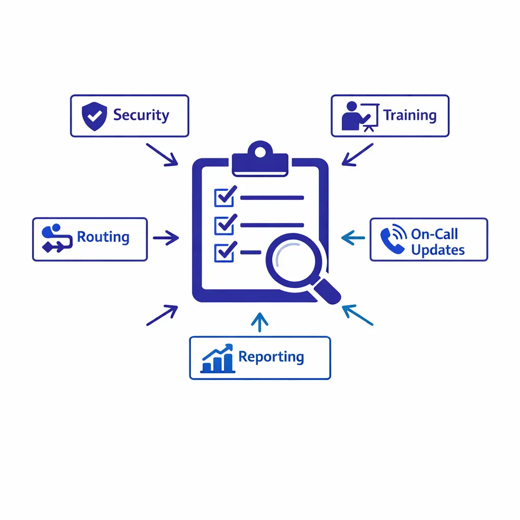 A checklist and call flow cards illustrate how practices should evaluate workflow fit, security, and reporting.