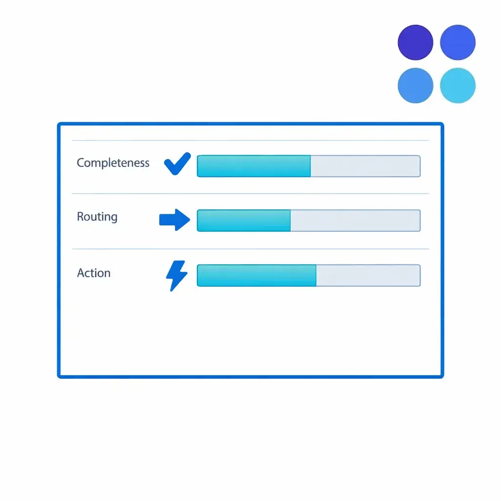 A QA scorecard gauges completeness, routing, and disposition-to-action compliance.