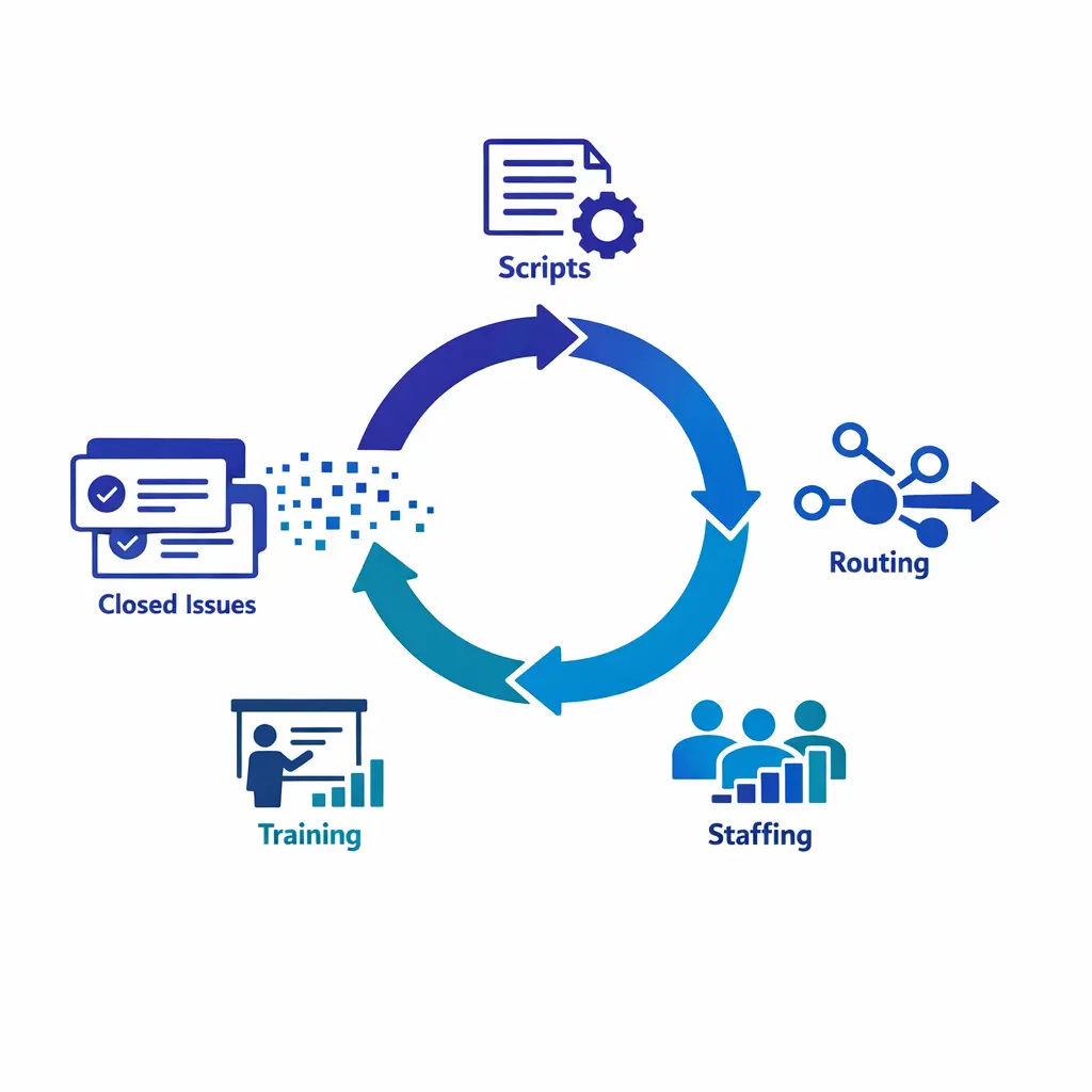 Resolved issues feed back into scripts, routing, staffing, and training through a continuous improvement loop.