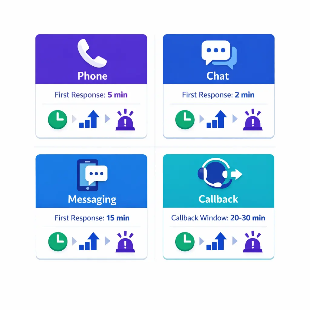 Different support channels display distinct first-response targets and escalation expectations.