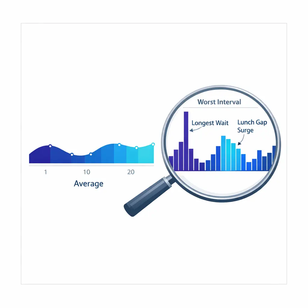 A monthly average line hides sharp worst-interval spikes that are highlighted in a separate detail view.