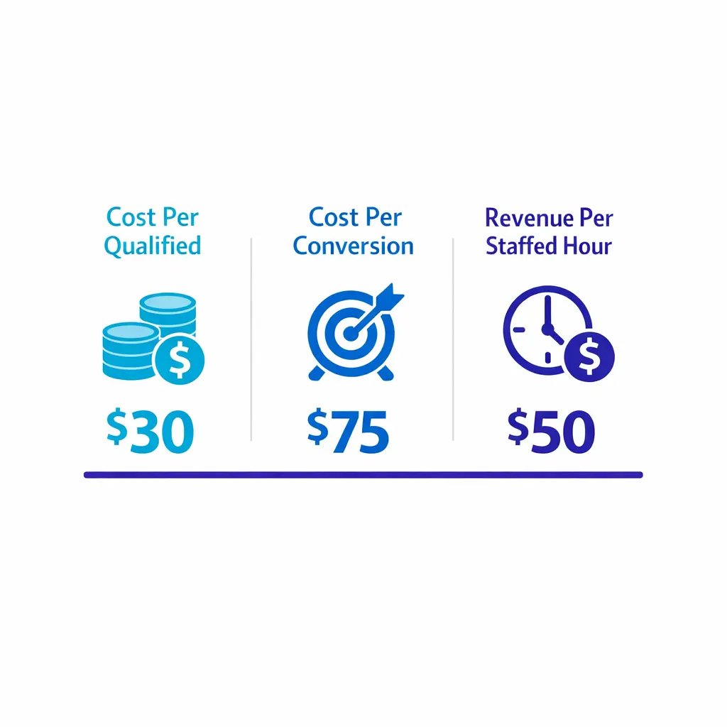 A stacked bar visual compares cost per qualified intake, cost per conversion, and revenue per staffed hour.