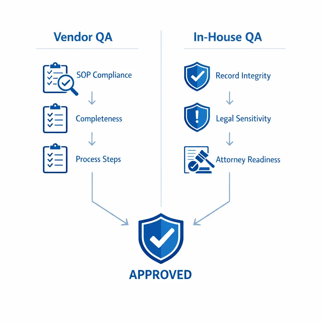 Two complementary QA lanes show vendor process checks and in-house record integrity review.