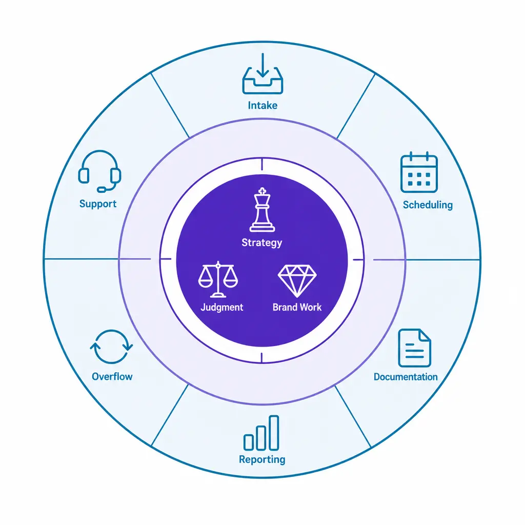 Core judgment stays at the center while repeatable support tasks move outward to external specialists.