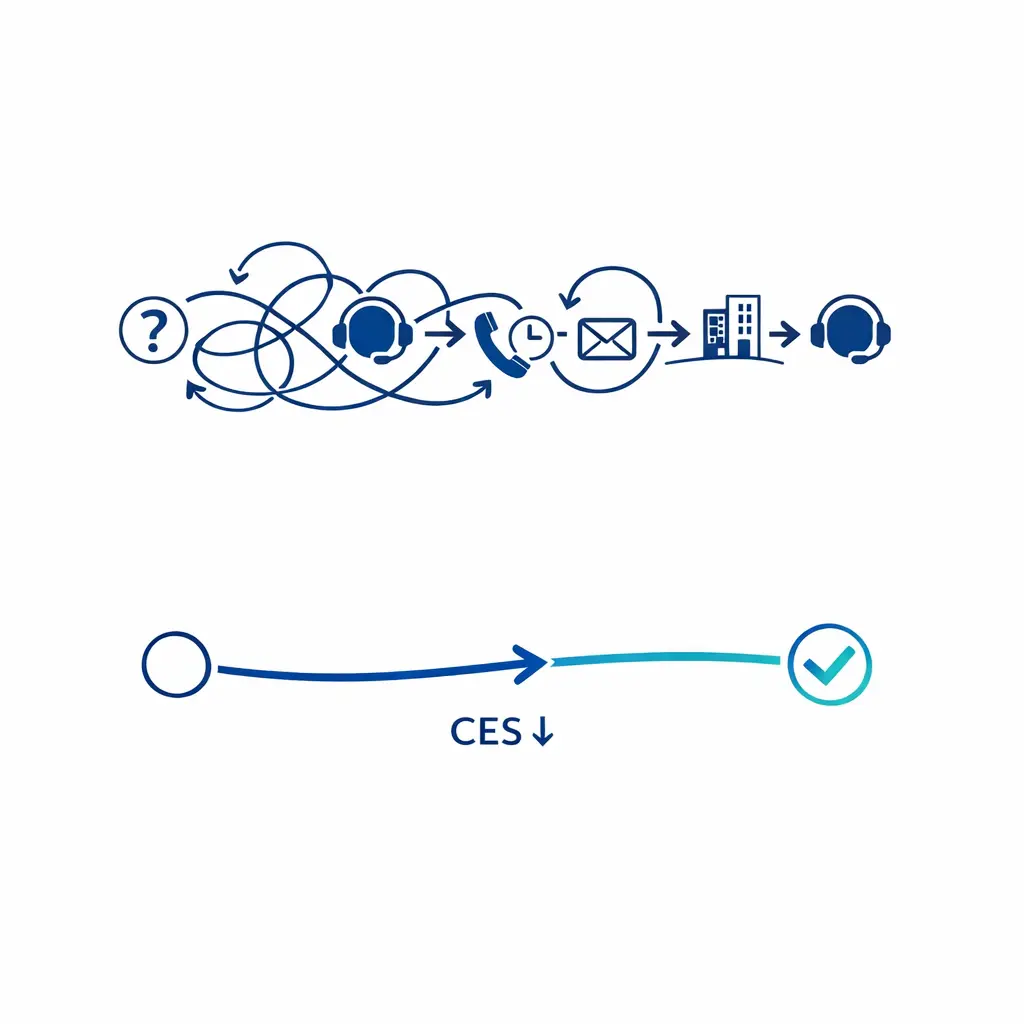 A process flow with handoffs and repeat steps highlights where customer effort matters most.