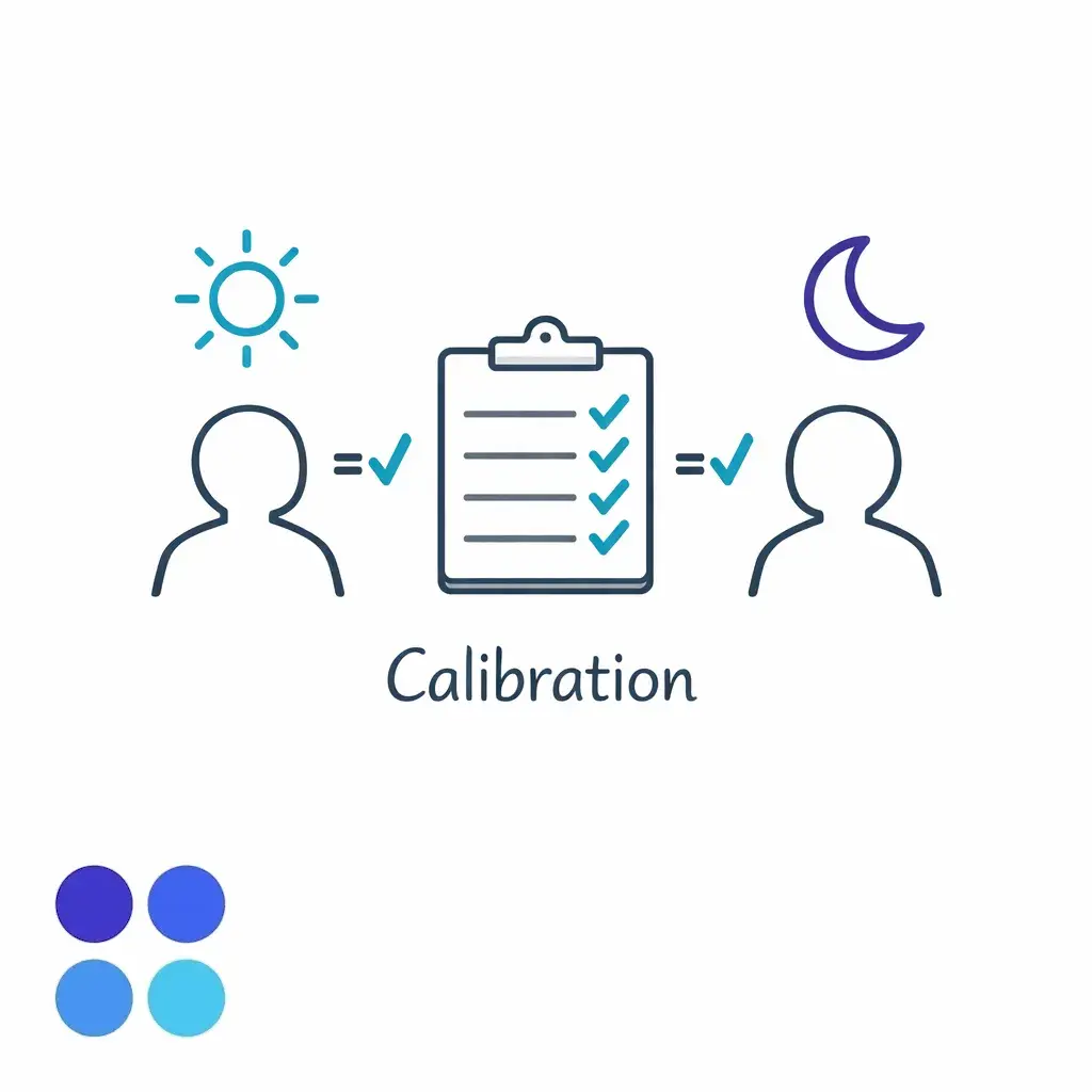 Two reviewers compare the same call scorecard to align standards across shifts.