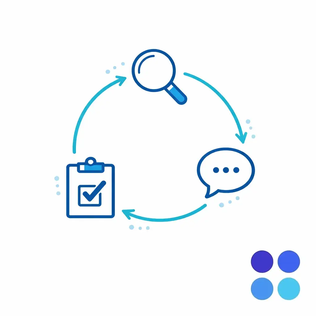 A circular loop connects evaluation, coaching, and re-audit icons to show continuous improvement.