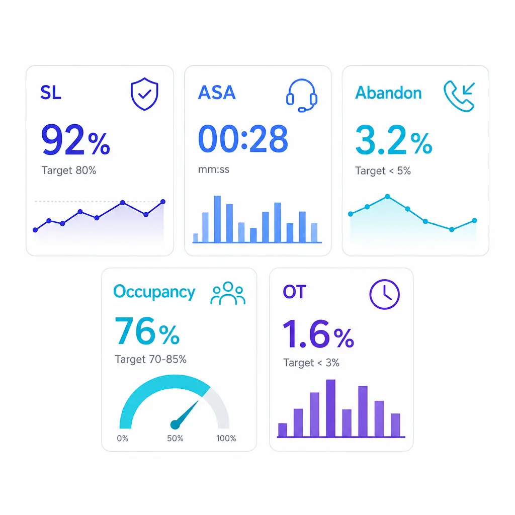 A simplified dashboard tracks service level, answer speed, abandonment, occupancy, and overtime.