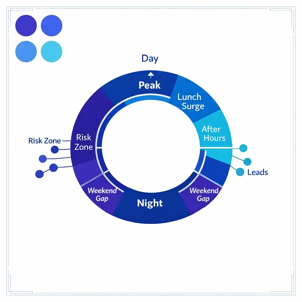 A 24-hour timeline reveals missed-demand windows, lunch surges, and uncovered nights and weekends.