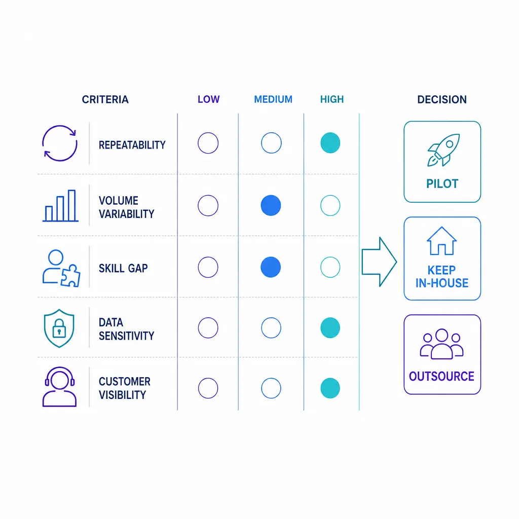 A scorecard visual ranks repeatability, volume swings, skill gaps, data sensitivity, and visibility.