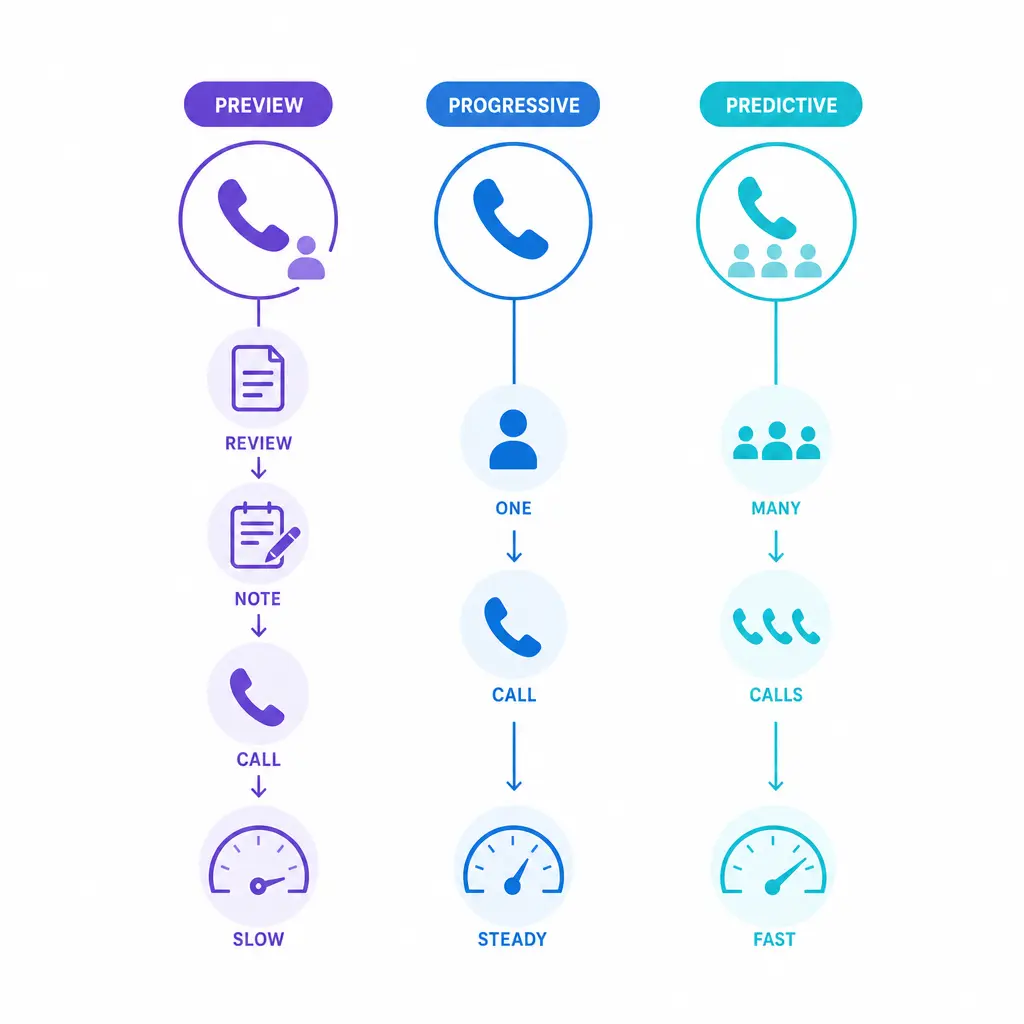 Three dialer modes are shown as preview, progressive, and predictive paths with different pacing styles.