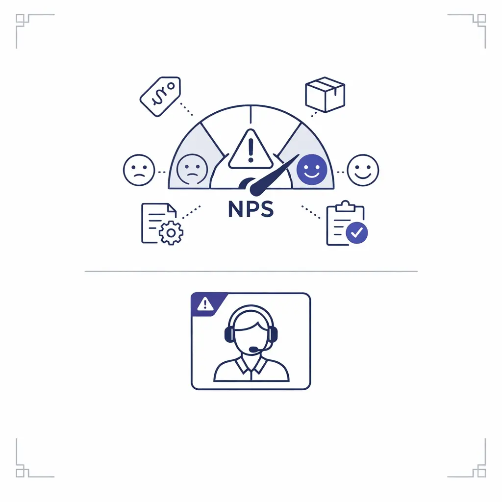 A warning-style diagram shows why company-level NPS should not be used to rate individual agents.