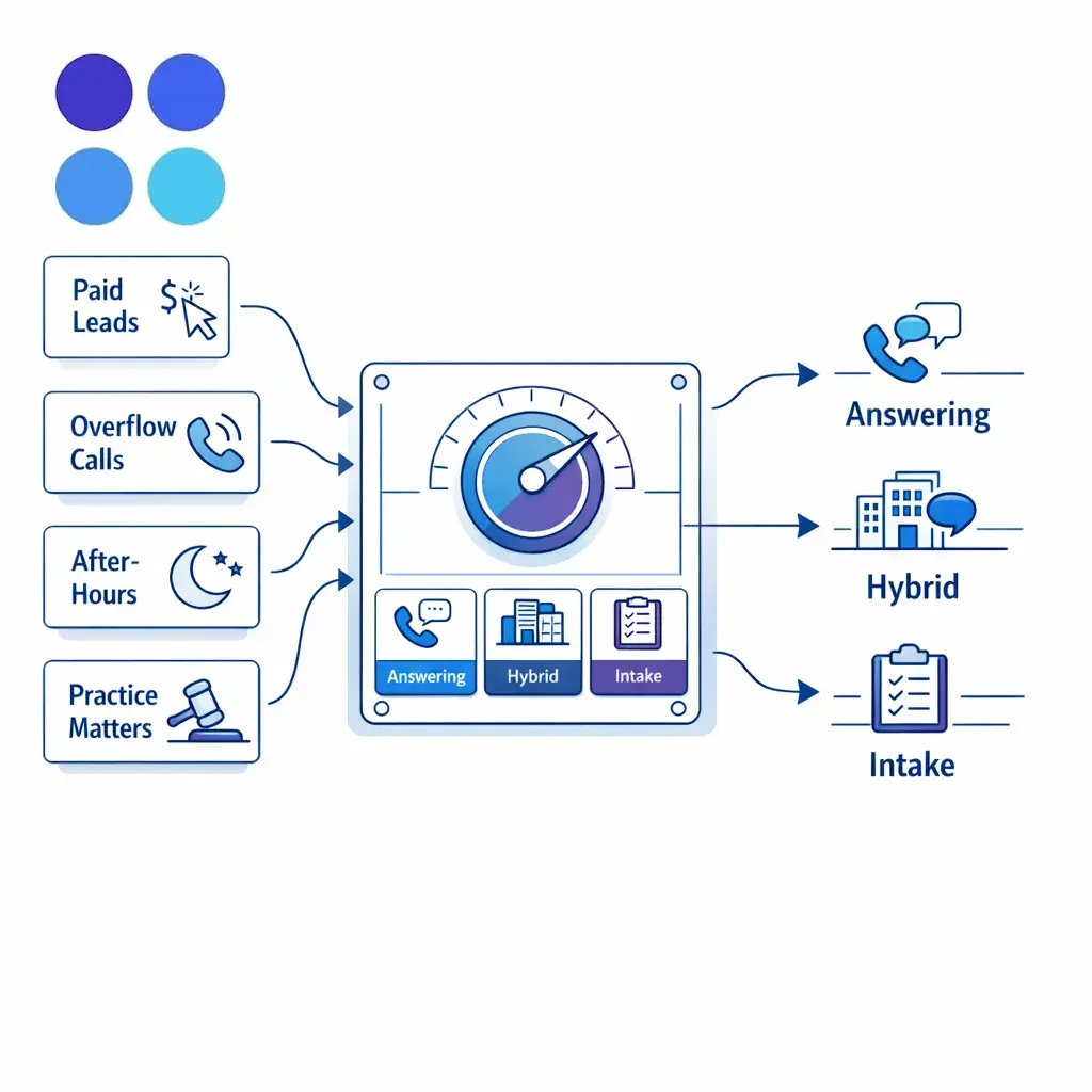 A switchboard visual maps when to use answering, intake, or a hybrid workflow.