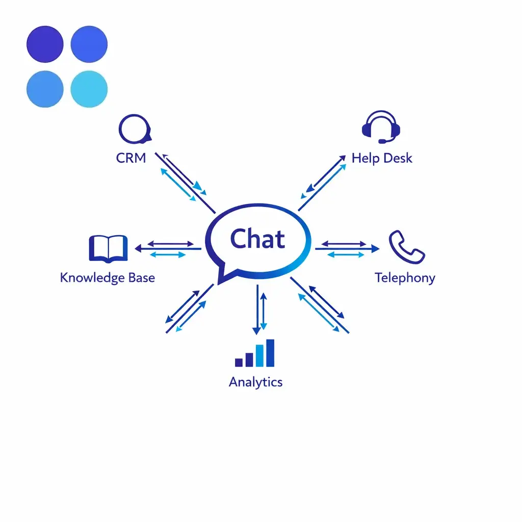 A central chat hub connects to CRM, help desk, telephony, knowledge base, and analytics before scaling.