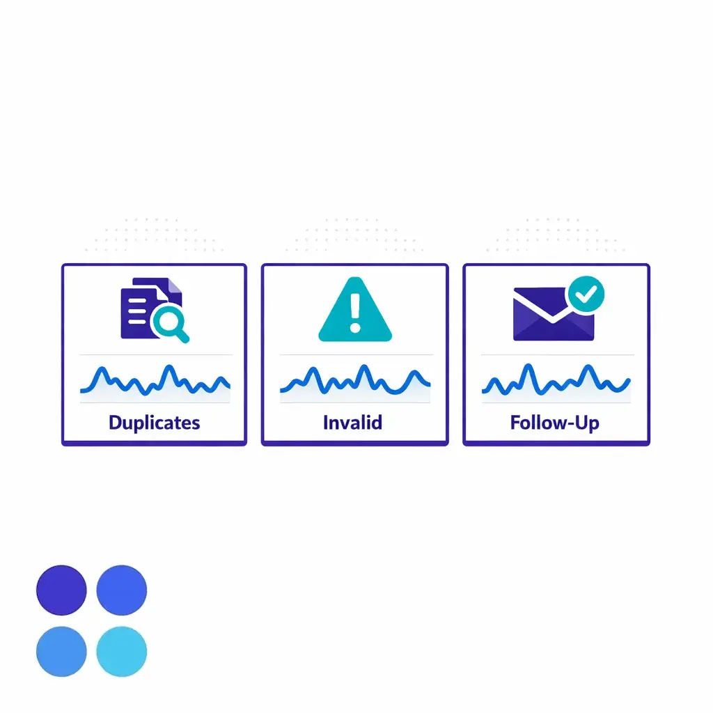 A minimalist dashboard shows duplicate rate, invalid contact rate, and time to first follow-up.
