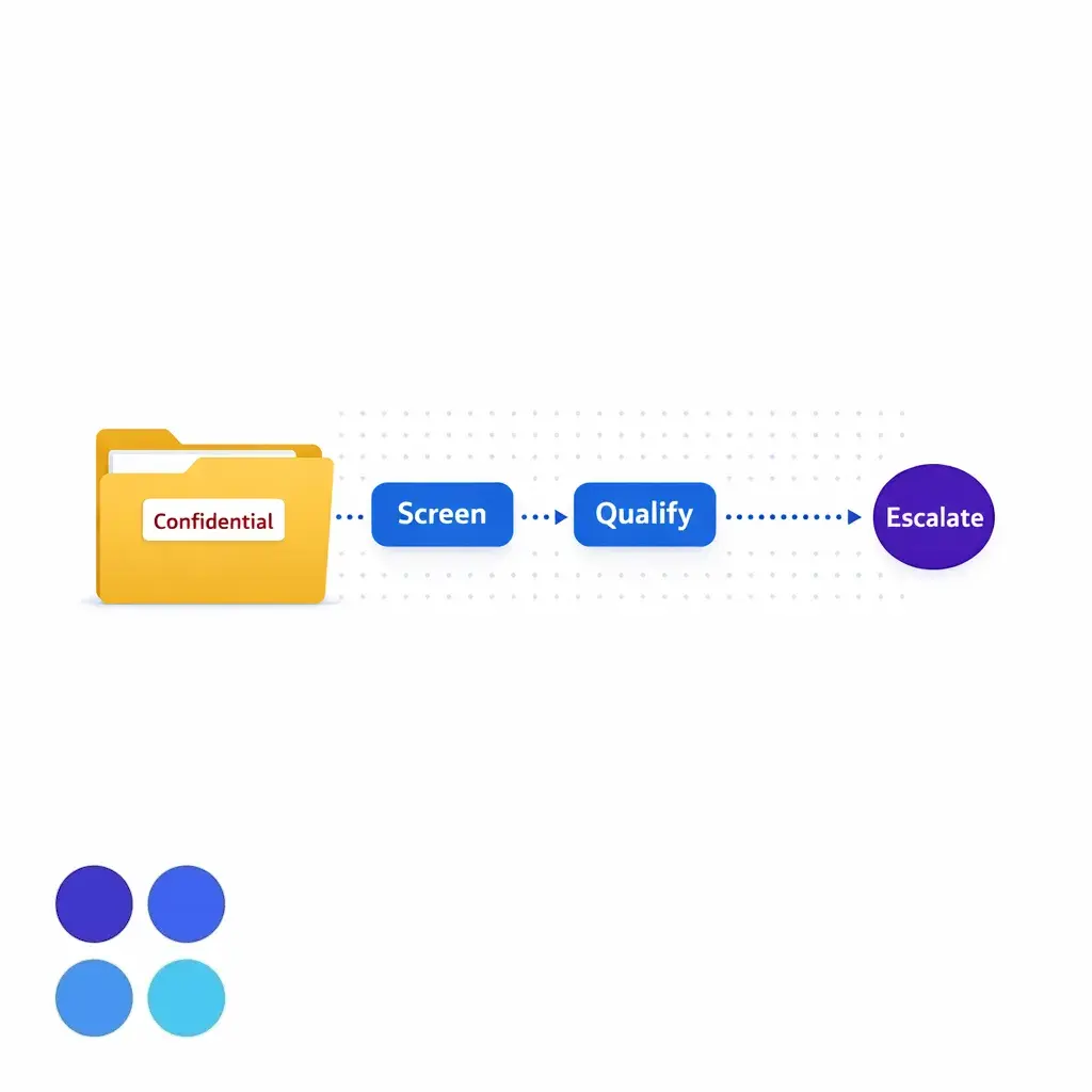 A confidential file and scripted call flow showing escalation triggers and supervision for legal intake.