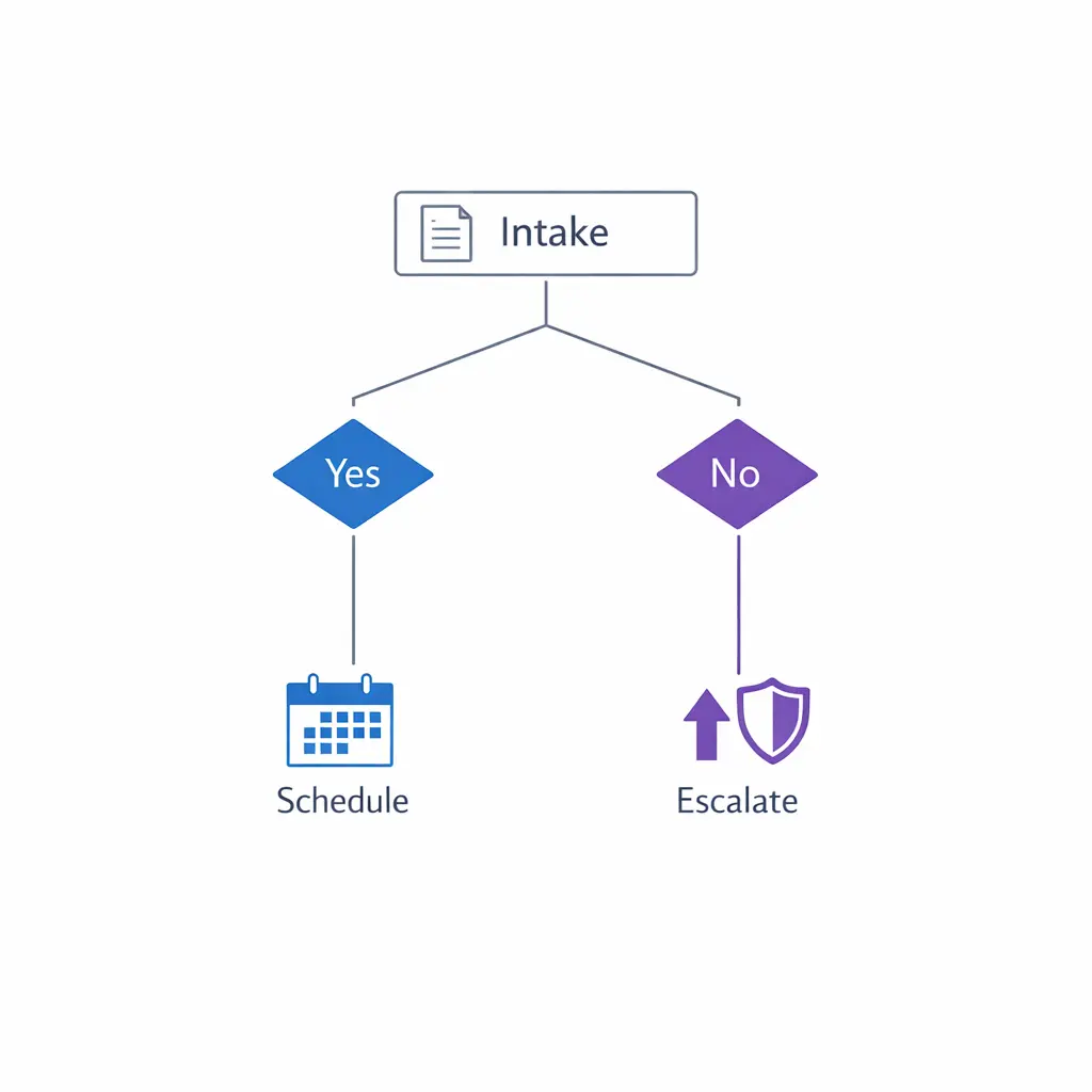 A structured legal intake decision tree routes routine cases to scheduling and flags edge cases for escalation.