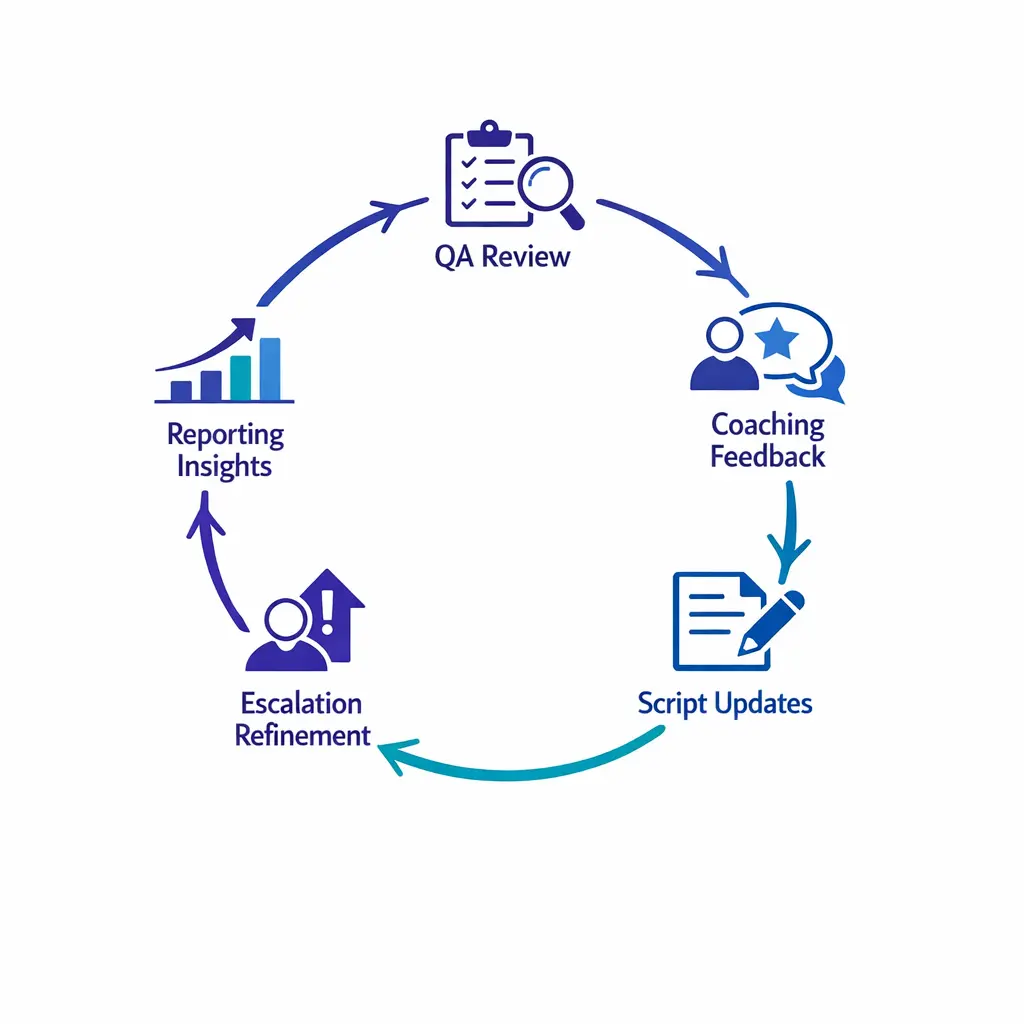 A continuous review loop links QA, coaching, reporting, and script updates in a clean blue cycle.