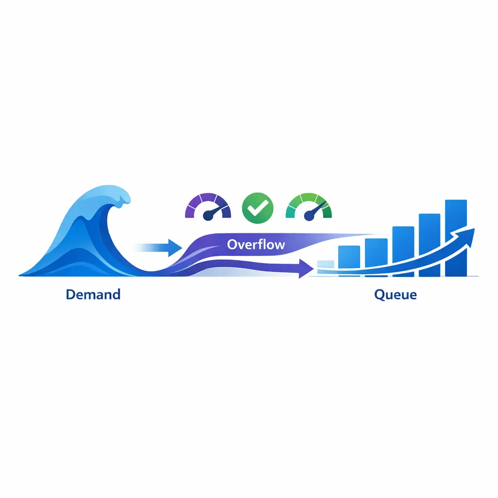 A rising demand graph diverts excess volume into overflow support while service stays stable.