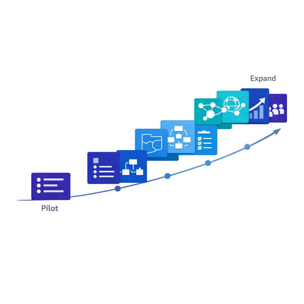 A phased rollout graphic shows one queue tested first, then scaled by region, line of business, and workflow.