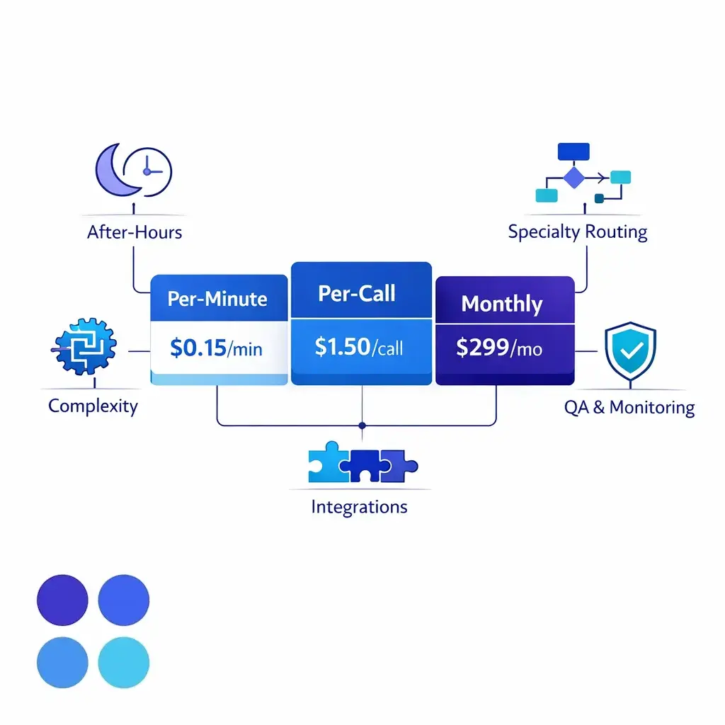 Per-minute, per-call, and monthly pricing are shown as clean modular plan blocks with cost drivers.