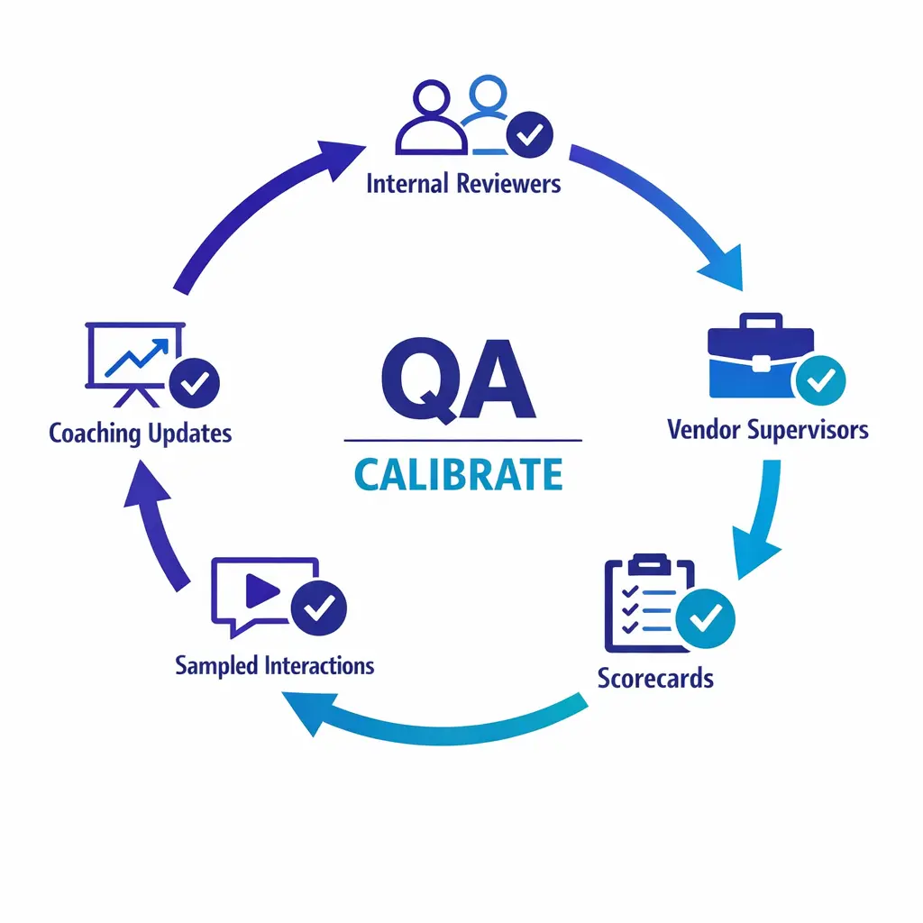 Internal and external reviewers align scoring through a continuous calibration and coaching loop.
