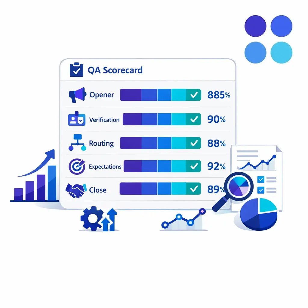 A streamlined QA dashboard tracks opener, verification, routing, expectations, and close quality.