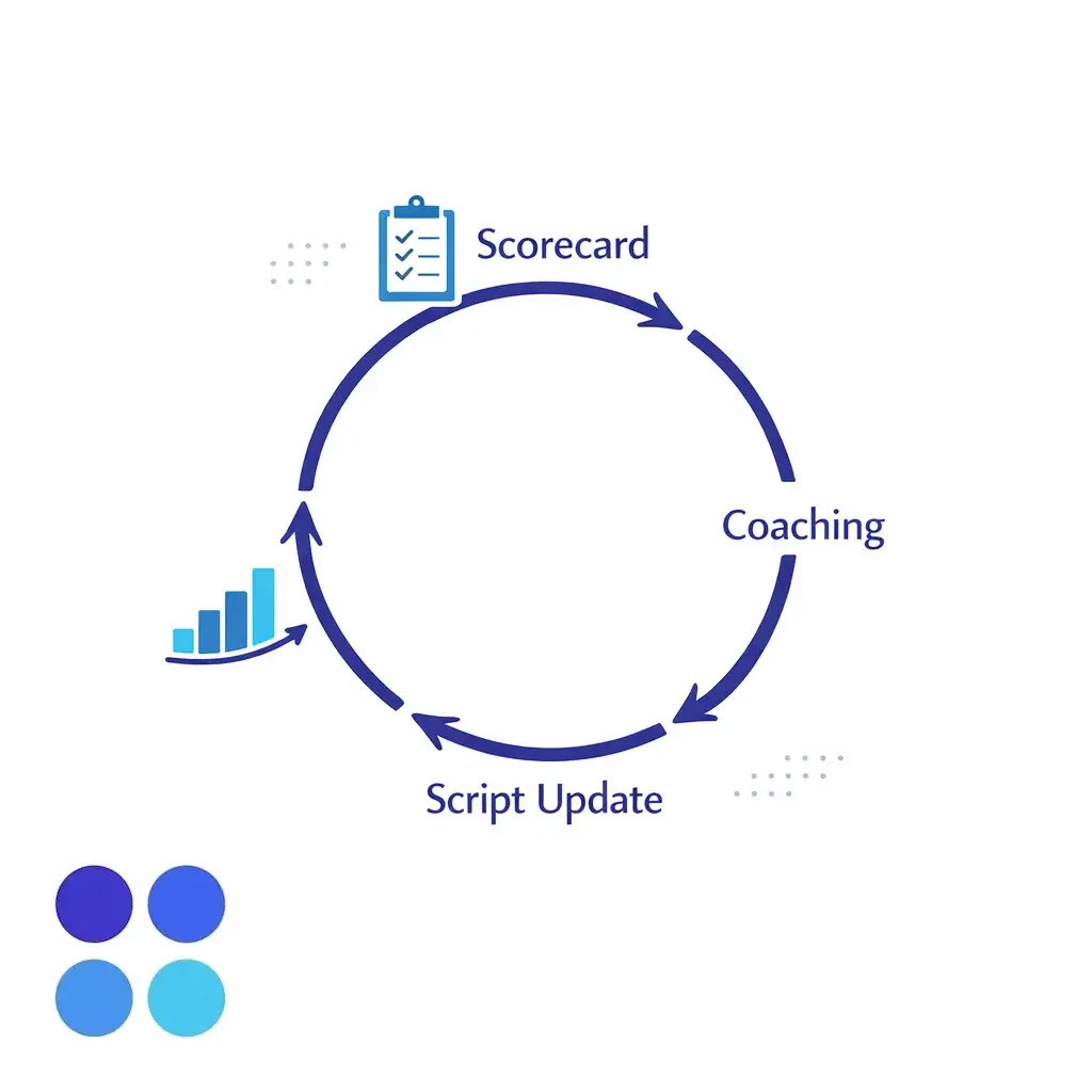 A QA rubric scorecard loops into coaching and updated scripts for improvement.