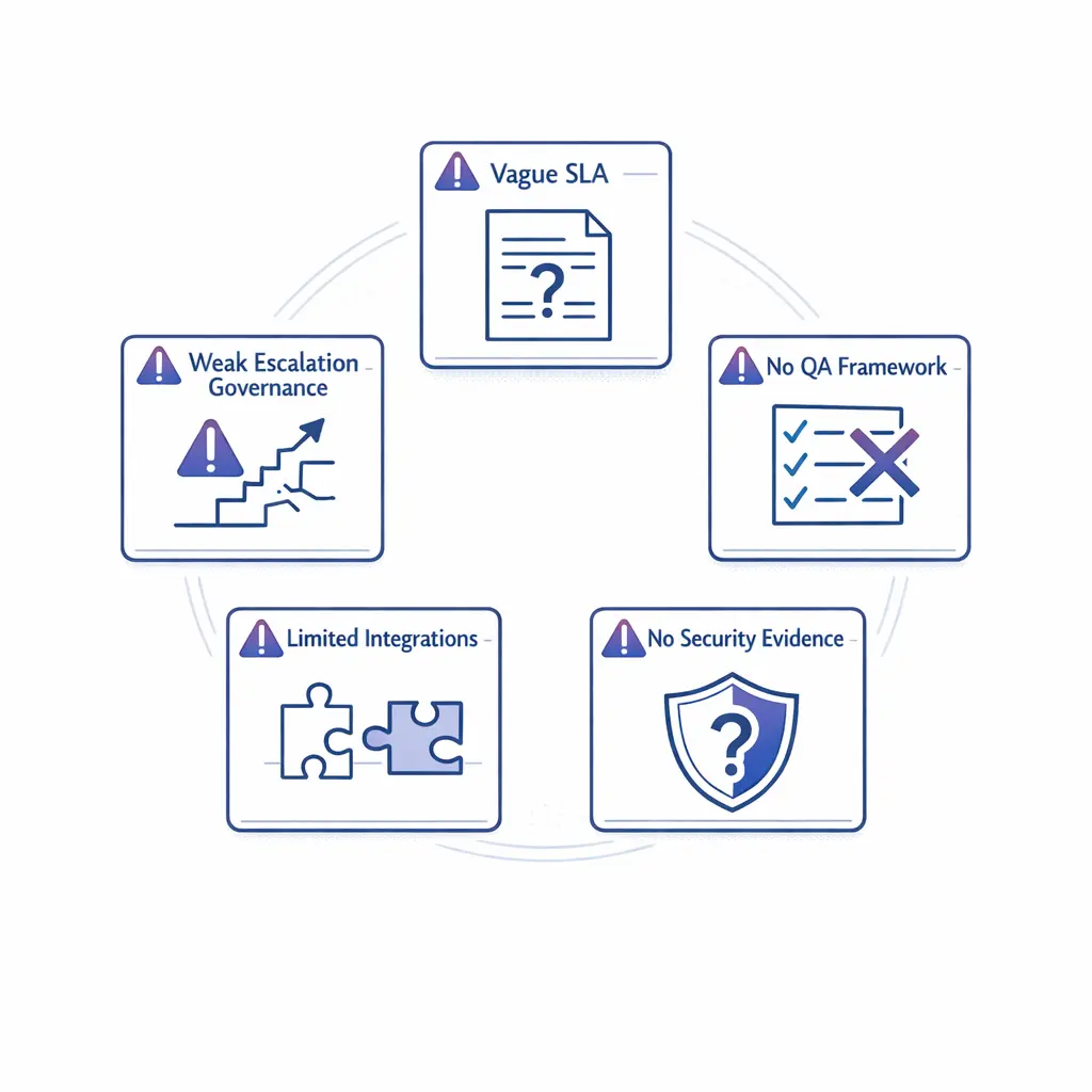 Warning icons highlight vague SLAs, weak QA, poor escalation control, thin integrations, and missing security proof.