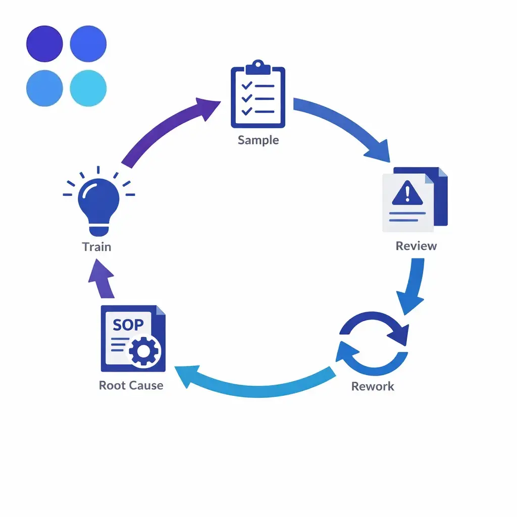 Daily sampling feeds a short correction loop that improves SOPs, templates, and training.