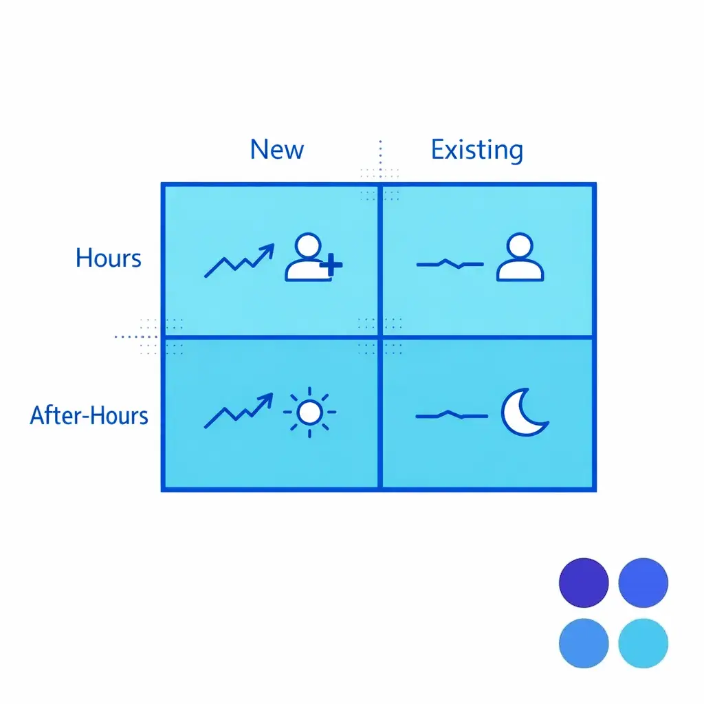 A matrix segments KPIs by new vs existing and business hours vs after-hours for clearer decisions.