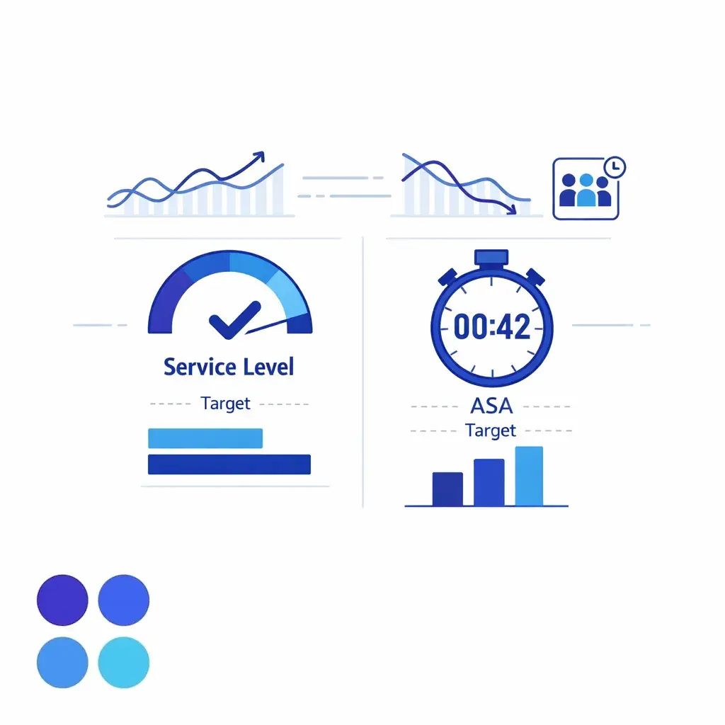 A metrics panel highlights service level and average speed of answer for real-time queue performance.