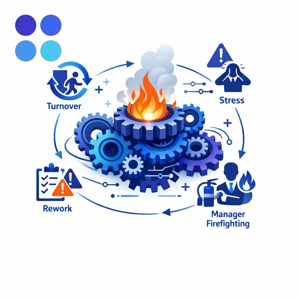 An overloaded workflow engine heats up as stress, turnover, and inefficiency rise together.