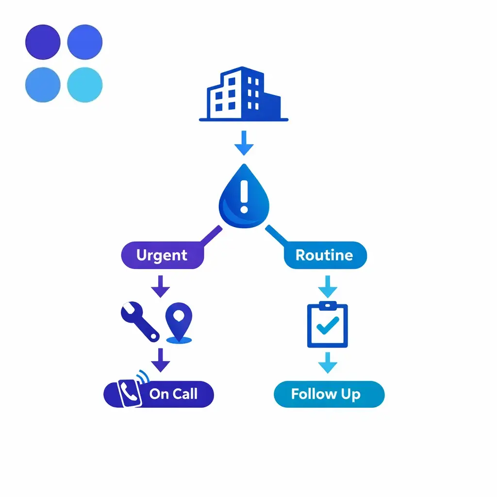 A property management routing map separates urgent maintenance from routine requests with fast after-hours escalation.