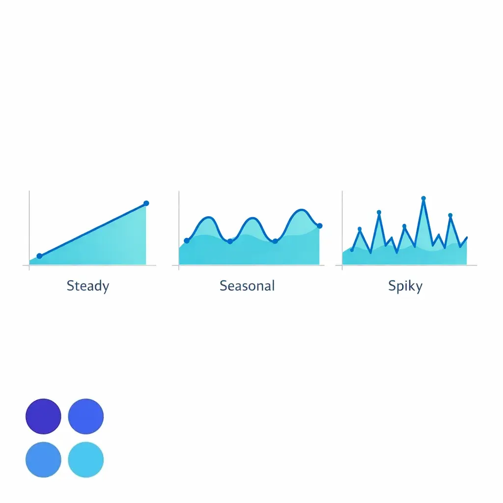 Three mini charts show steady, seasonal, and spiky demand patterns for capacity planning.