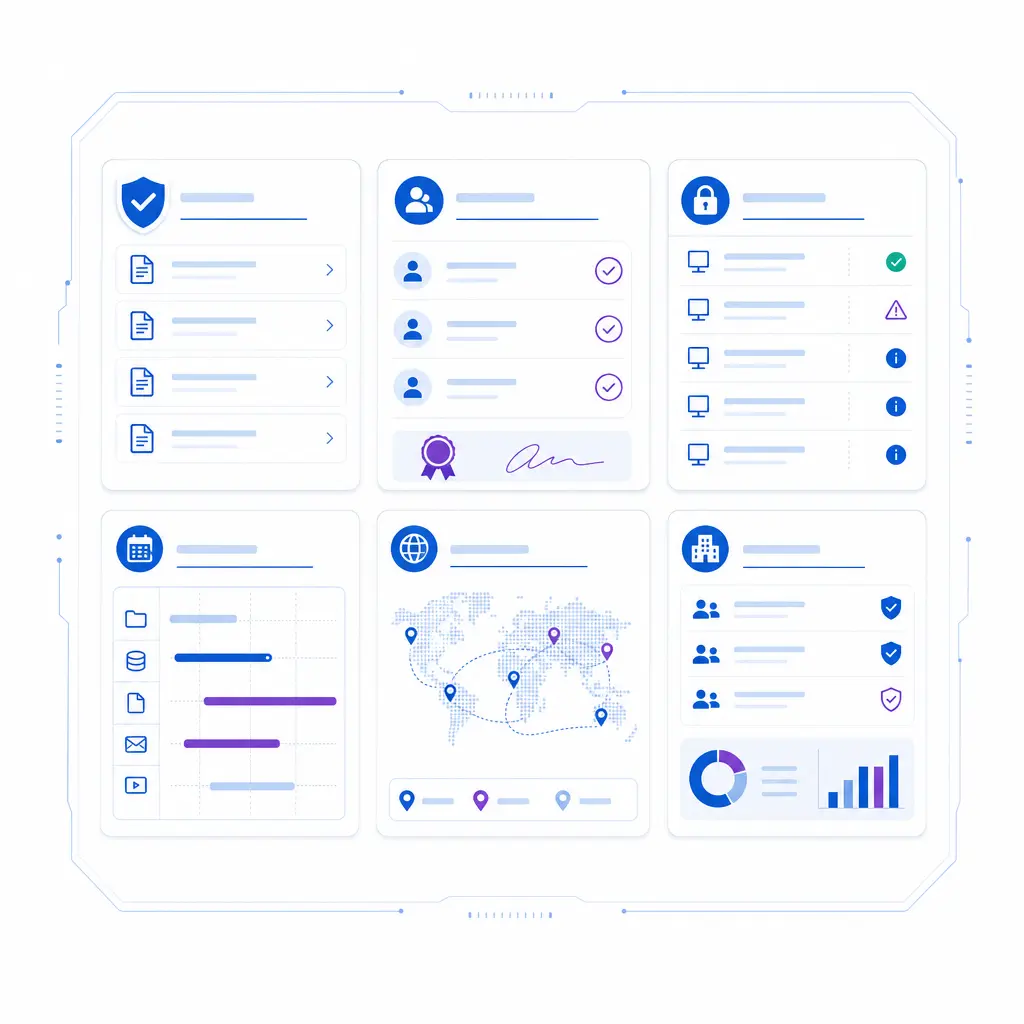 Policies, logs, training records, and queue maps are organized into a calm audit-ready dashboard.