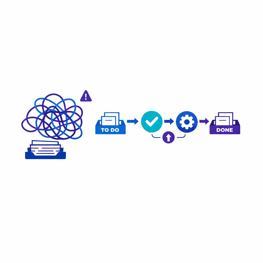A handoff diagram contrasts a messy backlog with a defined intake workflow using stop points and escalation paths.