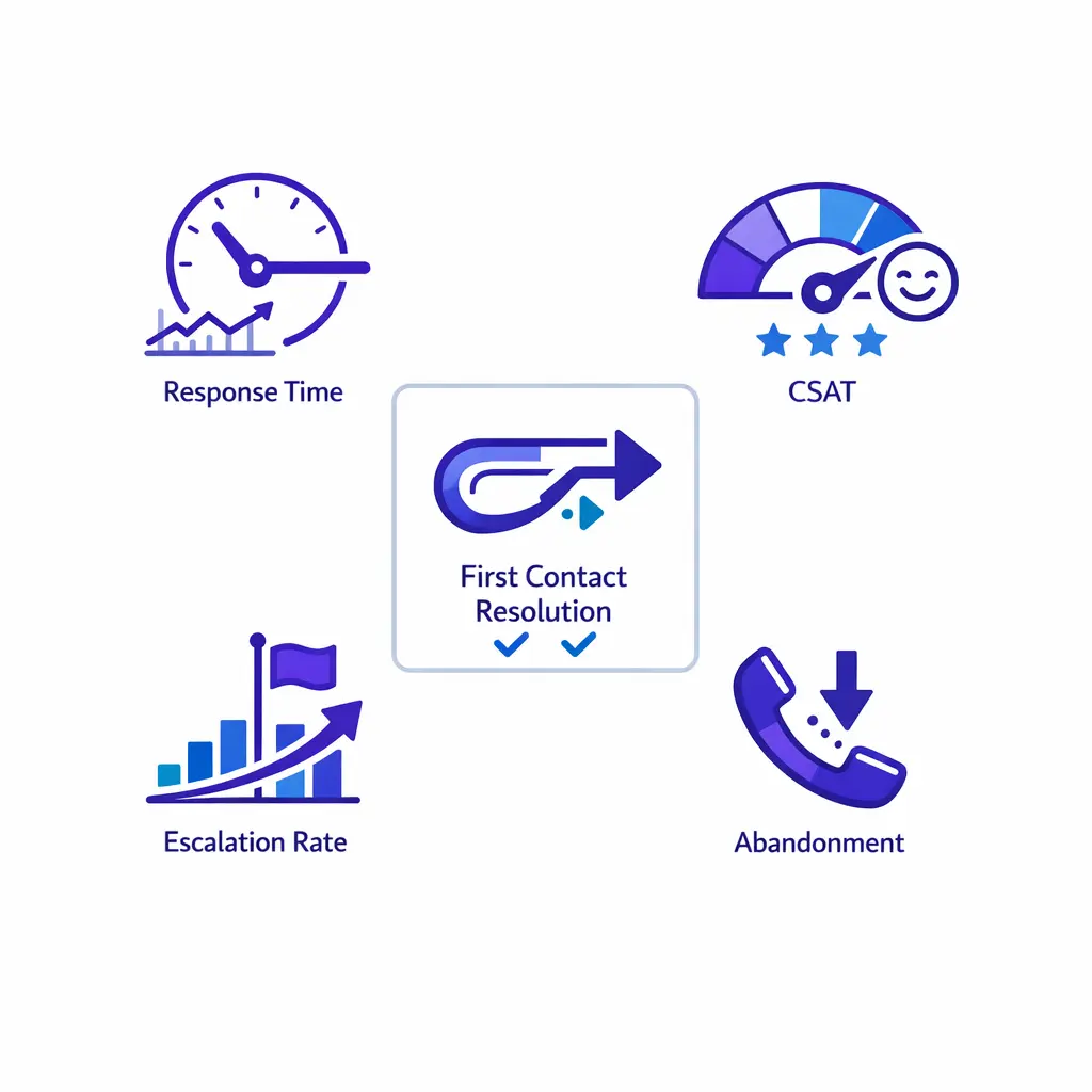 Response time, CSAT, first contact resolution, escalation rate, and abandonment appear as five focused metric tiles.