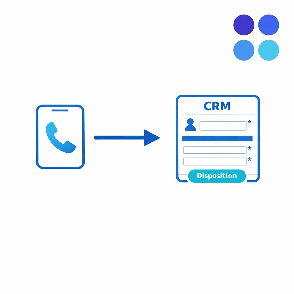 A call converts into a CRM record card with required fields and a disposition tag.