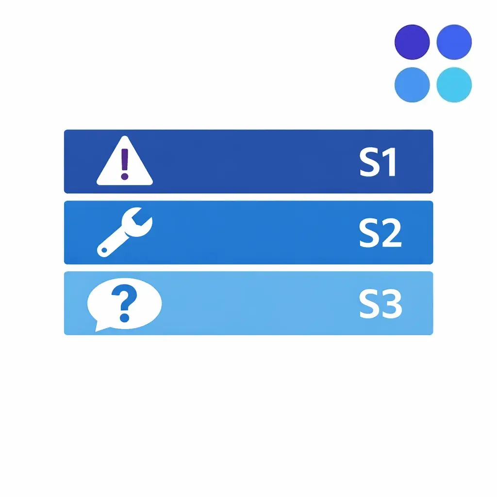 Three stacked tiers show severity levels with distinct response arrows and owners for fast decisions.