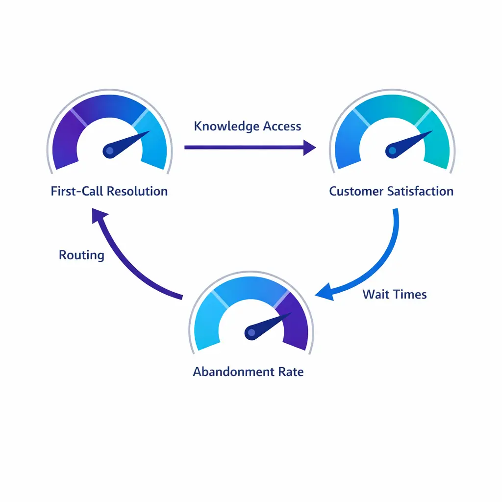 Three linked metric dials show first-call resolution, satisfaction, and abandonment as connected outcomes.