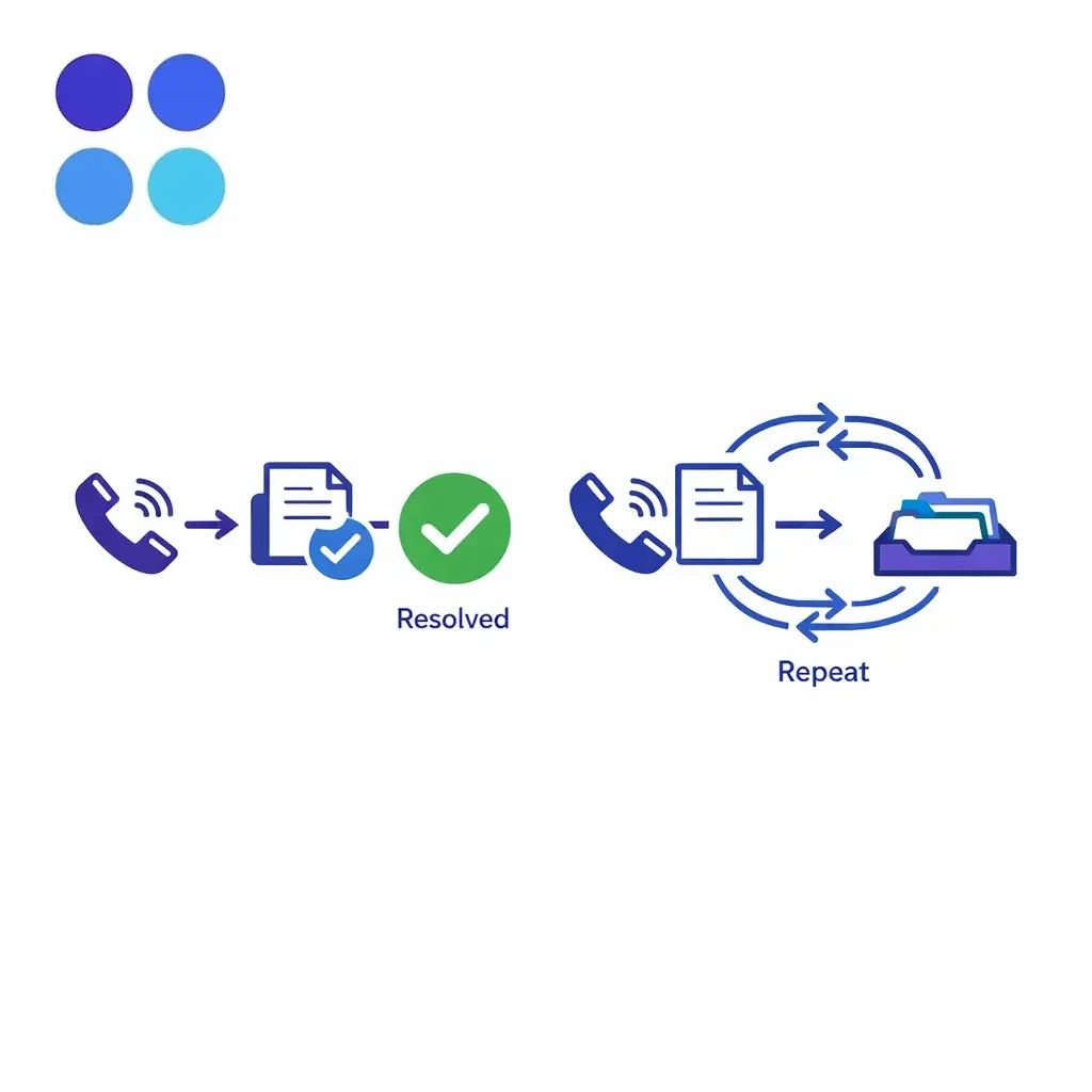 A solved call closes a loop while unresolved calls return back into the queue as repeat contacts.