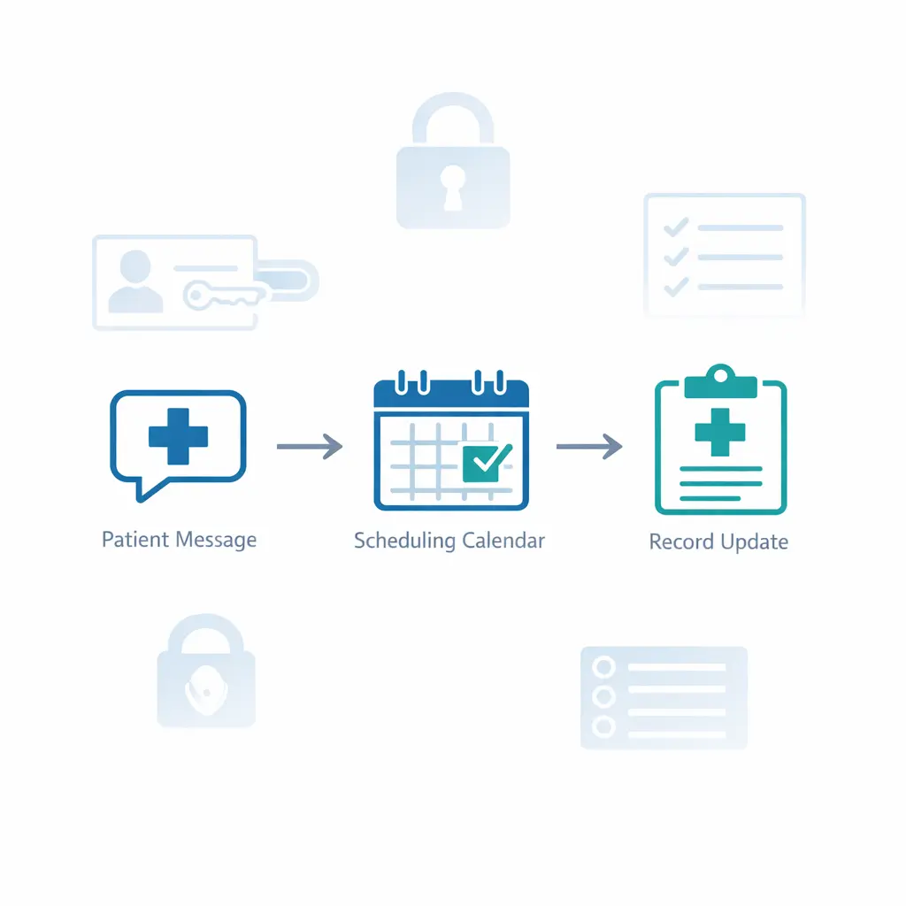 A healthcare admin workflow shows scheduling and messages protected by access controls and audit logging.