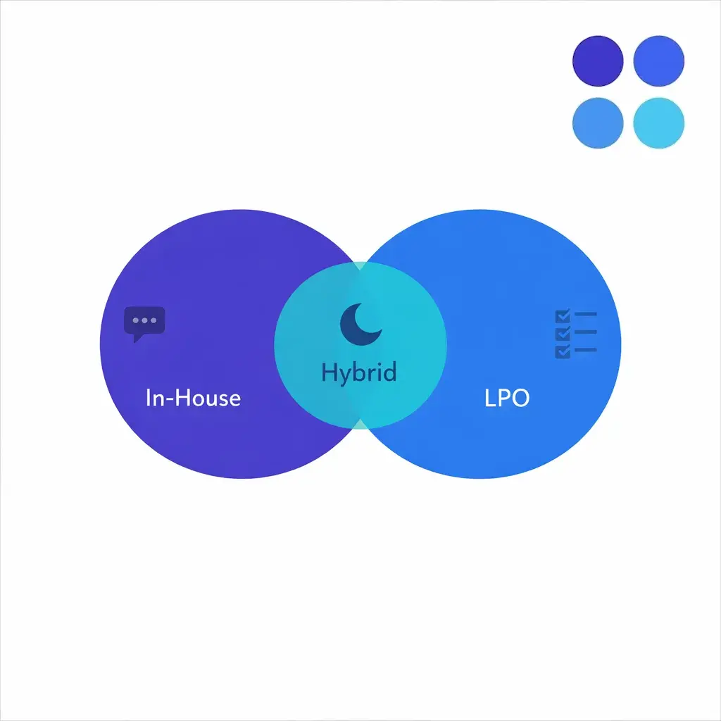 A Venn diagram shows in-house owning exceptions while LPO handles standardized steps and overflow.