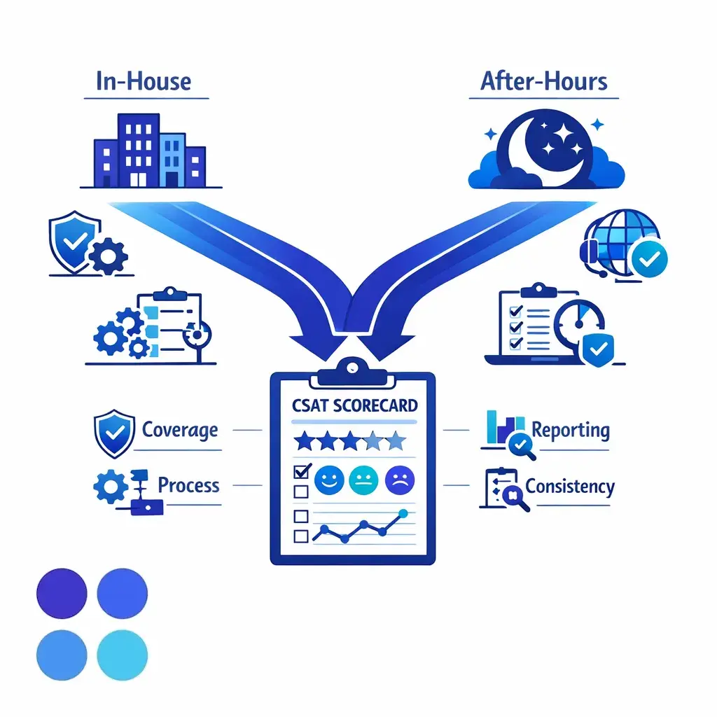 Two support teams feed into one shared scorecard for fair comparison across coverage models.