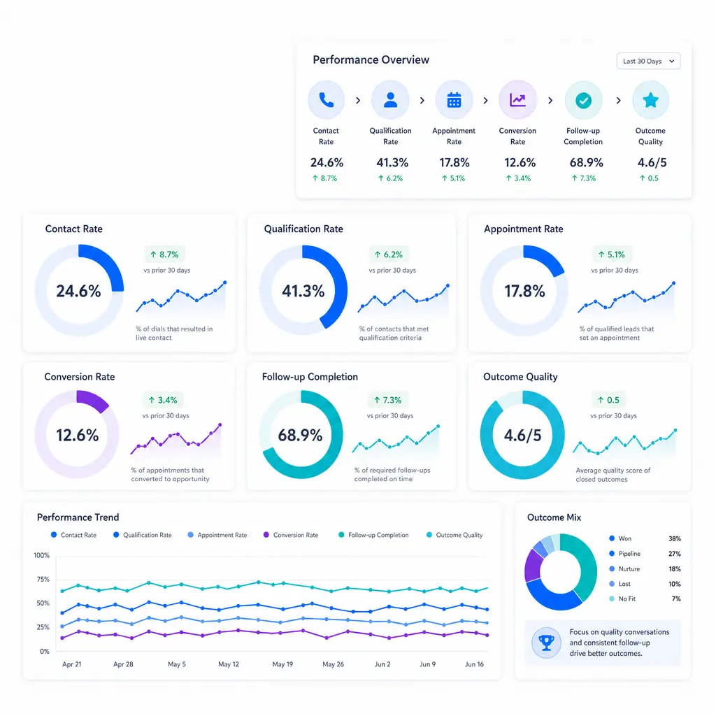 A focused dashboard highlights contact rate, qualification rate, appointments, conversions, and outcome quality.