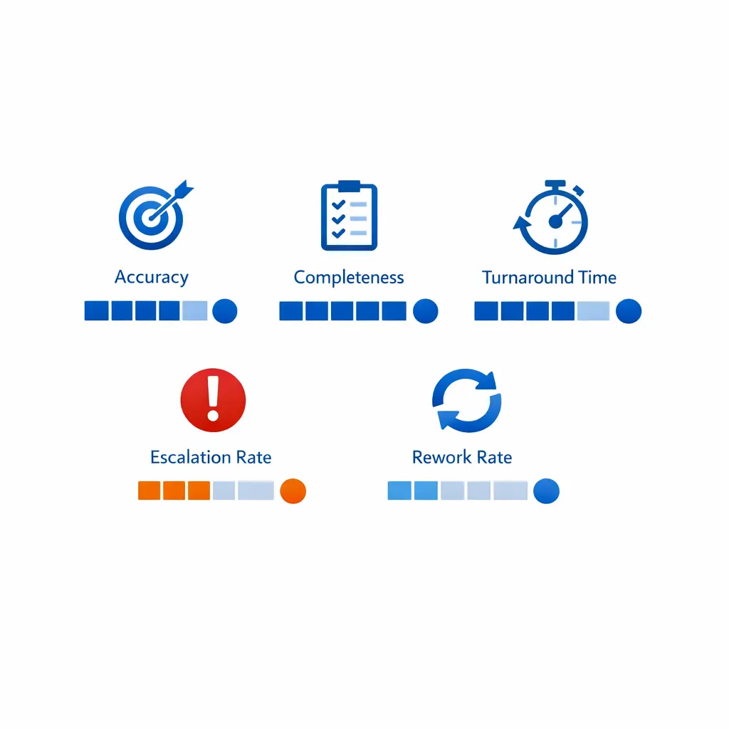 A compact scorecard tracks accuracy, completeness, turnaround, escalation, and rework.