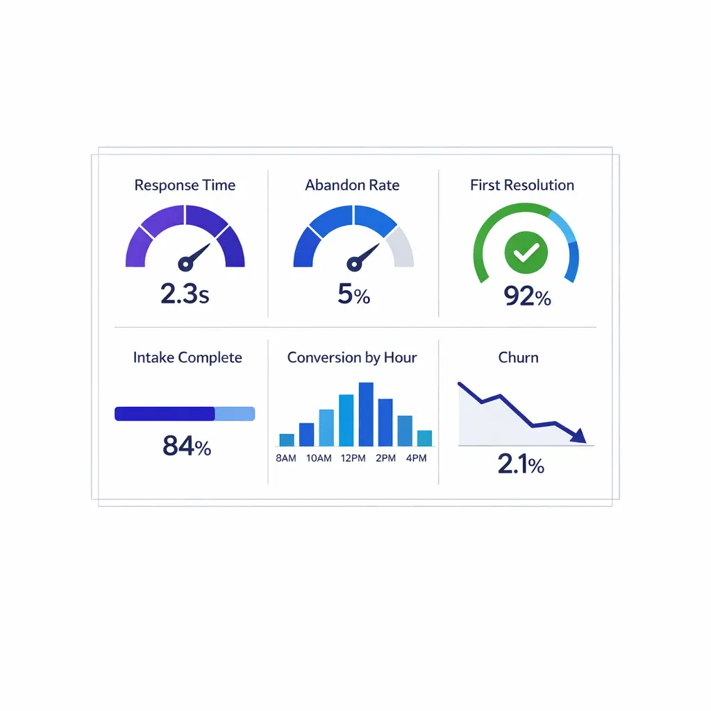 A clean dashboard shows response time, abandonment, first-contact resolution, and churn metrics.