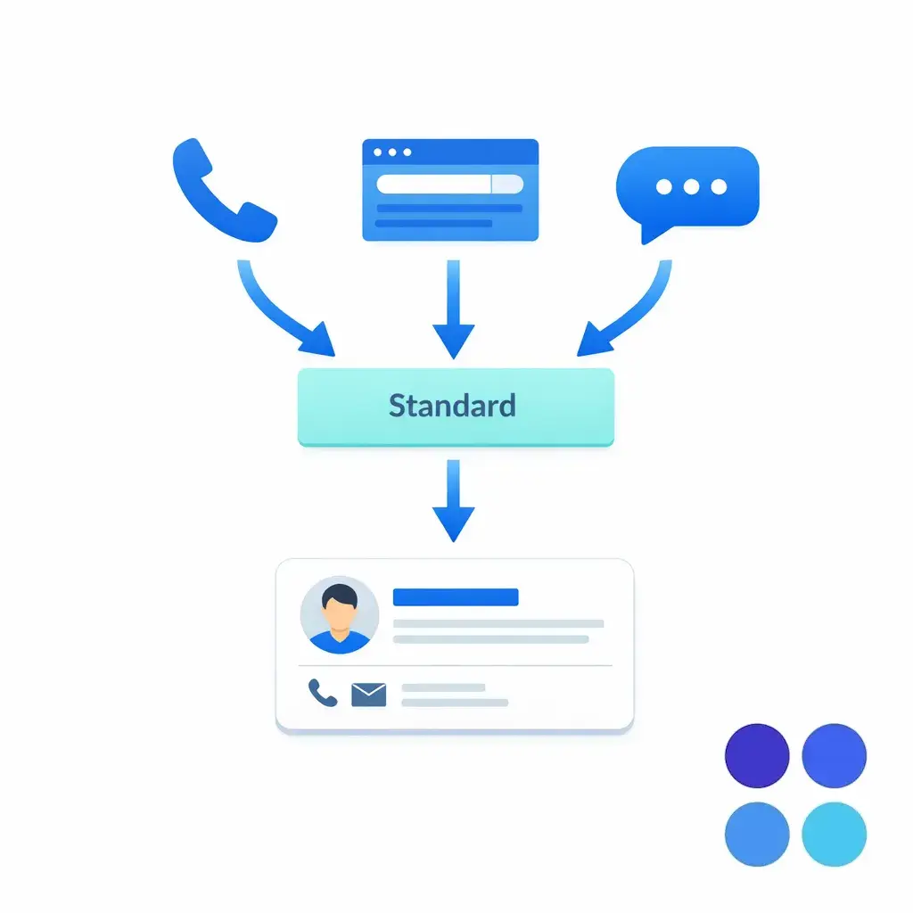 Phone, web form, and chat channels converge into one standardized intake pipeline.