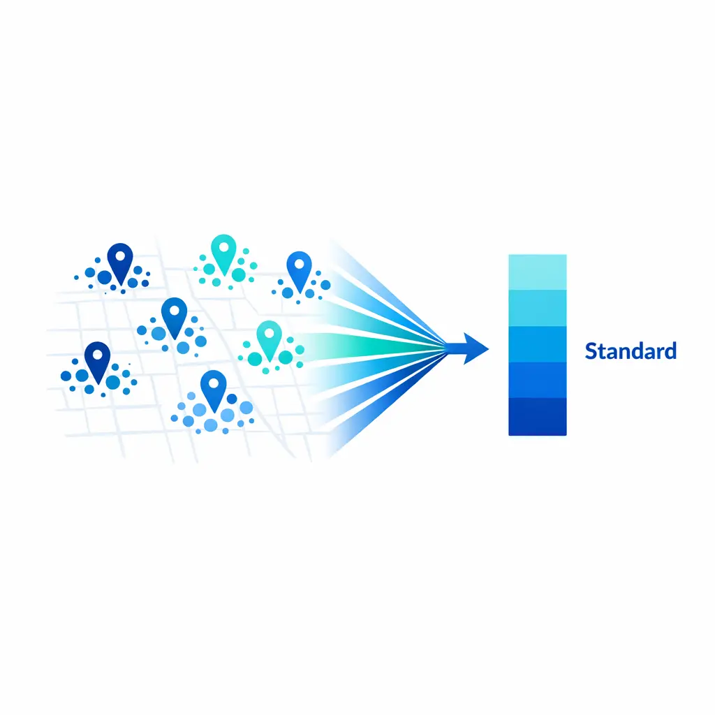 A simplified map grid shows multiple locations with variance dots converging toward a consistent standard.